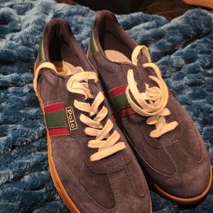 Polo by Ralph Lauren Men's Navy Suede Sneakers with Red & Green Stripe